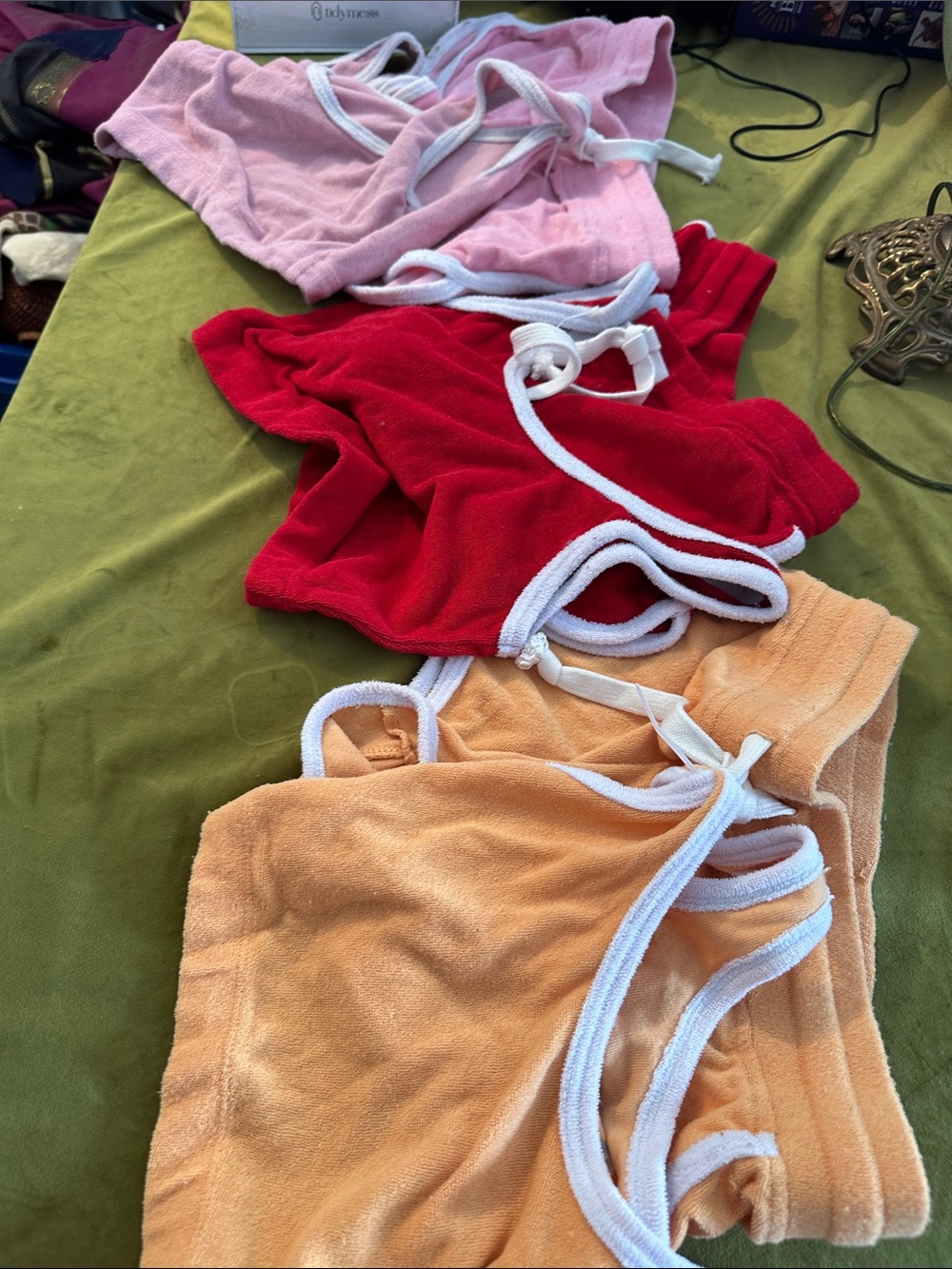 Katie J NYC Pink, Red & Peach Terry Tank Trio with White Trim